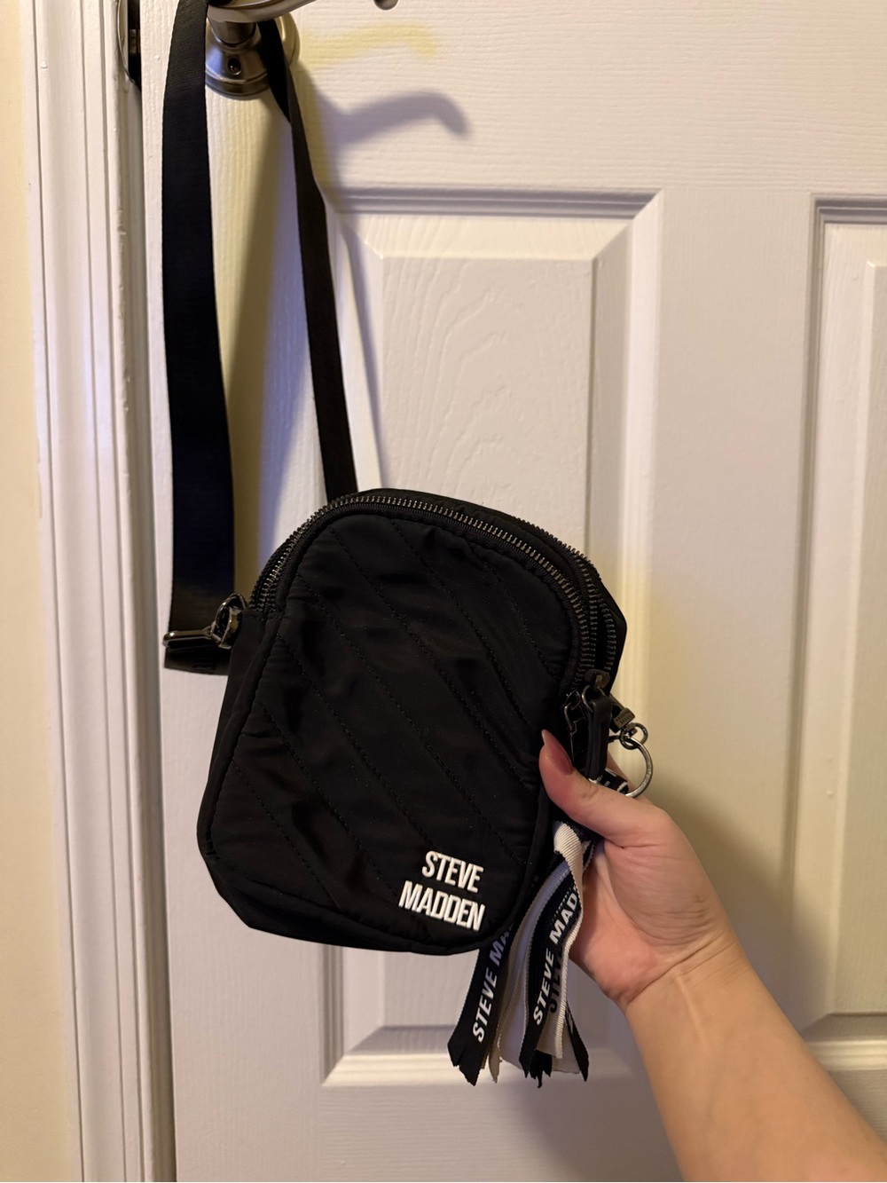 Steve Madden Black Quilted Belt Bag with Branded Tassels